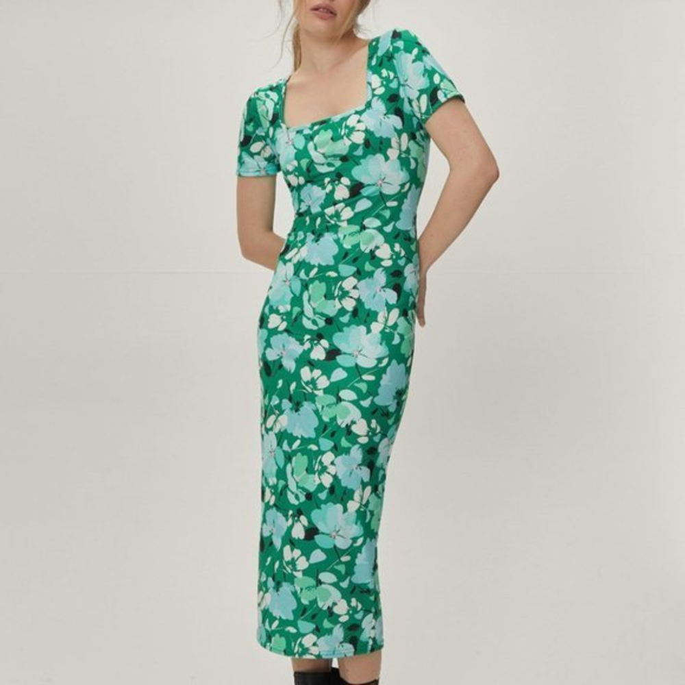 New Nasty Gal Collection US 0 UK 4 Green Floral‎ Square Neck Stretch Midi Dress